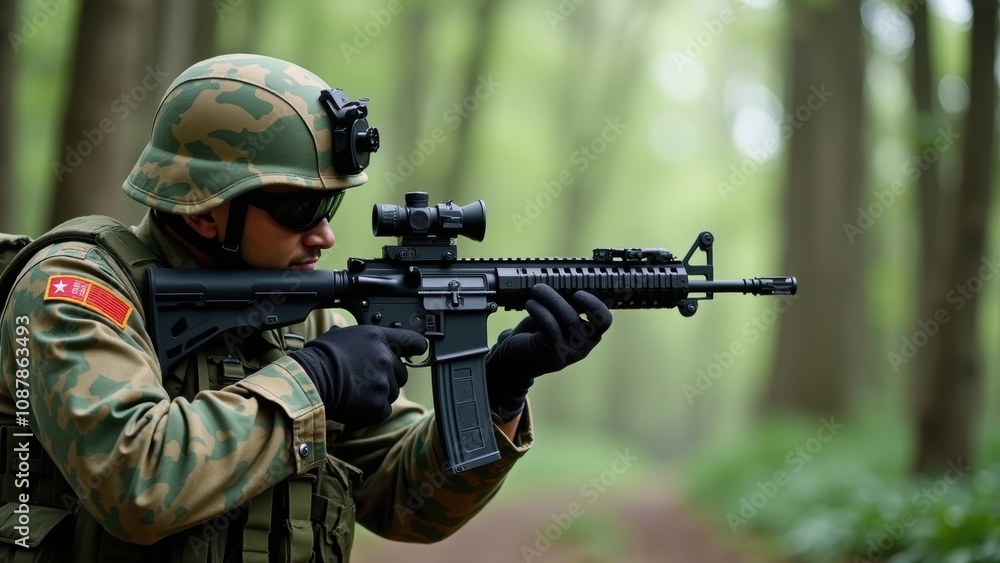 A soldier, clad in camouflage attire, is poised with a rifle in a thick forest, demonstrating tactical focus during early morning military drills A soldier, clad in camouflage attire, is poised with a rifle in a thick forest, demonstrating tactical focus during early morning military drills