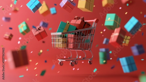 Colorful gift boxes tumble from a cart on a red background for holiday shopping