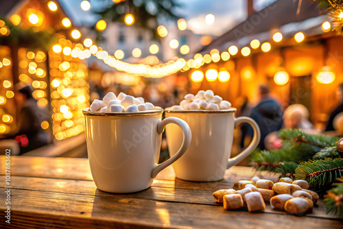 Two glasses of hot mulled spicy wine with cookies at a Christmas market illuminated at night in december photo