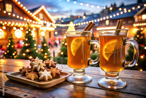 Two glasses of hot mulled spicy wine with cookies at a Christmas market illuminated at night in december photo