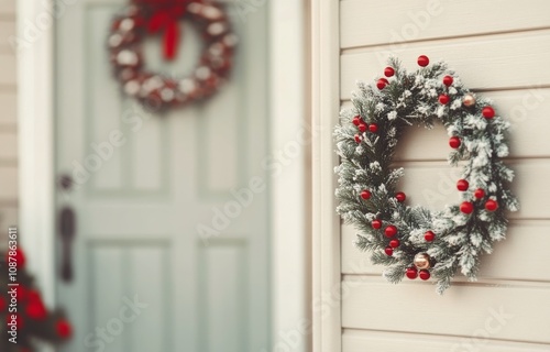 Beautiful winter wreath adorned with red ornaments and pinecones against a sn...
