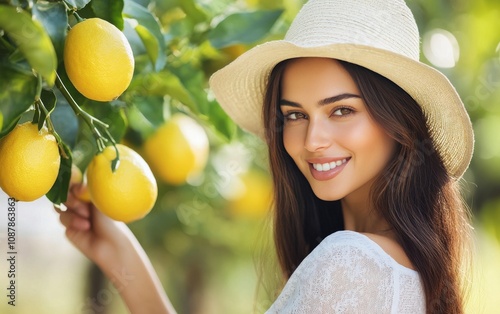 Young woman smiling while picking fresh lemons in a sunny orchard during summ...
