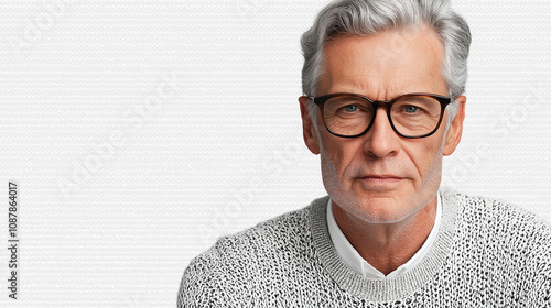 A crisp, isolated image of an elderly man with neatly styled grey hair and classic rectangular glasses, set against a transparent background. He is dressed in a casual sweater, exu photo