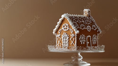 Decorative gingerbread house on a glass stand with simple icing detailing and...
