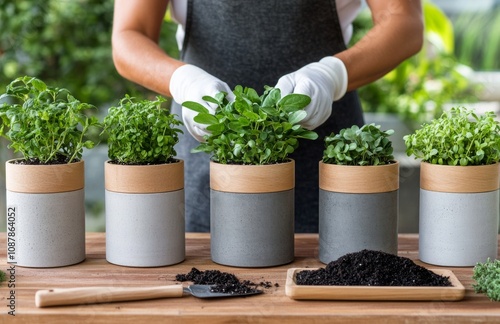 Gardener tending to fresh herbs in modern pots at a plant nursery during dayl...