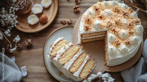 Delicious layered cake with cream and toppings surrounded by decorative eleme...
