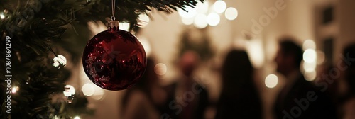 Holiday gathering with a Christmas tree and a red ornament in a cozy, warmly ...
