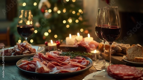 Festive holiday dinner with charcuterie, red wine, and a Christmas tree in th...