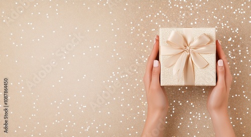 A person holding a beautifully wrapped gift box with a ribbon on a sparkly ba...