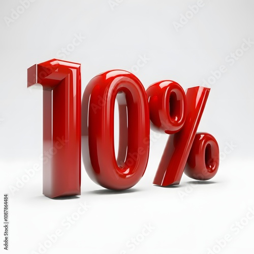 Vibrant 3D image of bold, glossy red text showing '10%' on a pure white background. The text features a sleek and modern design, with reflective and hyper-realistic details ideal for promotional and m