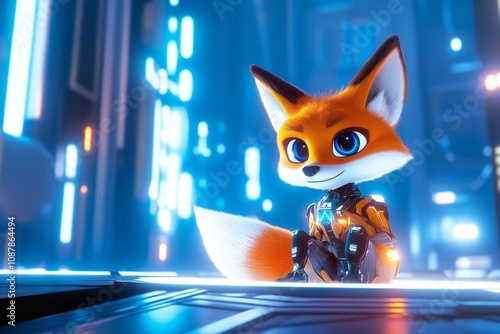 Adorable cybernetic fox in futuristic armor photo