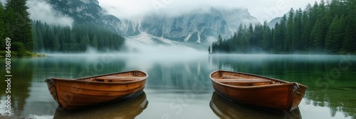 Serene lakeside view with wooden boats and misty mountains in the background ...