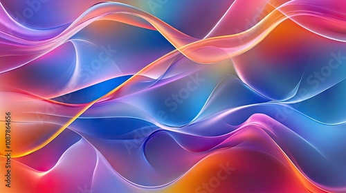 An abstract illustration featuring vibrant waves in a blend of blue, purple, orange, and pink hues.