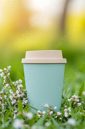 A pastel green coffee cup resting on grass surrounded by small white flowers ...