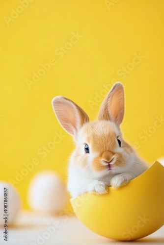 Cute white rabbit resting on a white egg with yellow background during spring...