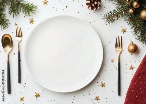 Elegant holiday table setting with golden cutlery and festive decorations on ...