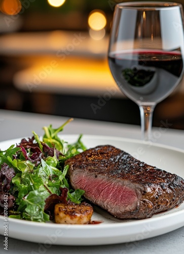 Enjoying a delicious steak dinner with salad and red wine at a cozy restauran...