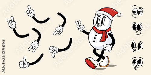 Funny retro cartoon hippie snowman character in a trendy and funky style. Snowman with a set of different emotions and different hand gestures. Set in the style of the 60-70s. Merry Christmas