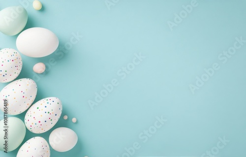 Colorful easter eggs arranged with delicate flowers on a pastel blue background