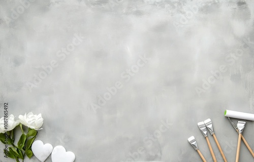 A hand holding a paint roller ready to apply gray paint on a smooth wall surf...