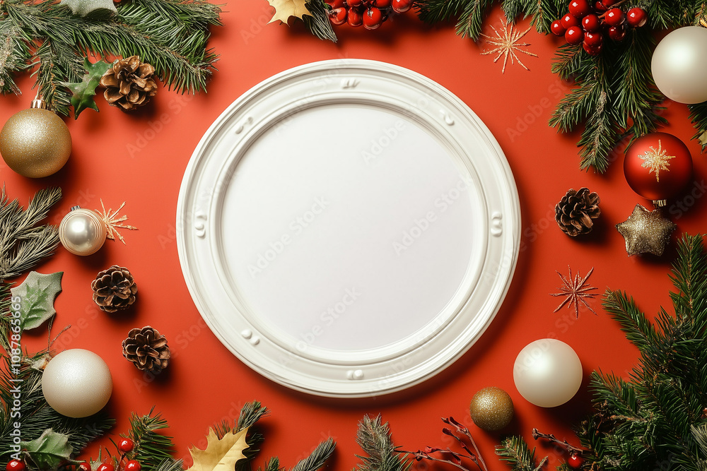 Christmas frame wallpaper with plate, background top view Christmas frame wallpaper with plate, background top view