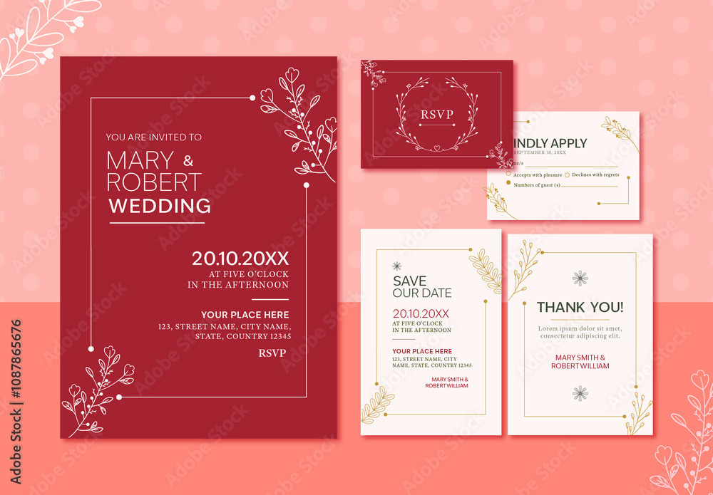 Red And White Minimalist Wedding Invitation Elegant Botanical Set Stock ...