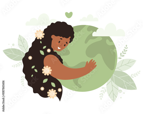 Smiling afro american Woman with long hair hugs green planet Earth. Eco friendly  Nature and environmental care. Earth Day. Vector illustration