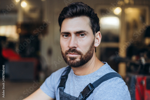 Portrait of serious, pensive Hispanic man, repairman wearing uniform, looking at camera