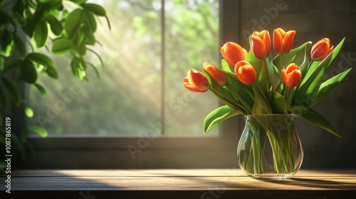 A beautiful vase of orange tulips placed on a wooden table by a sunlit window...
