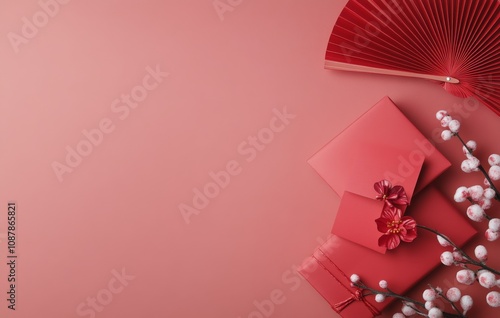 Festive decoration with red fan, gift box, and cherry blossoms on light blue ...