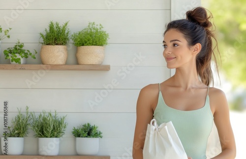 Woman standing in a modern interior with green plants and carrying a shopping...