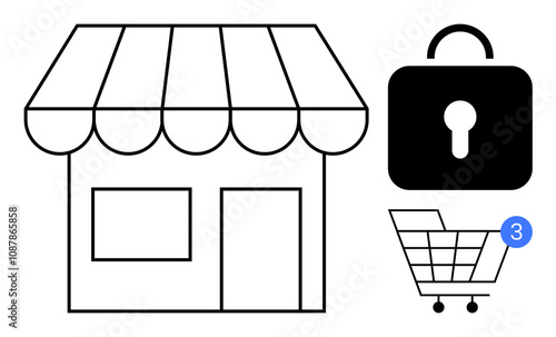 Small retail store with striped awning, shopping cart with notification bubble displaying number three, and padlock symbol. Ideal for online shopping, retail security, e-commerce, storefront