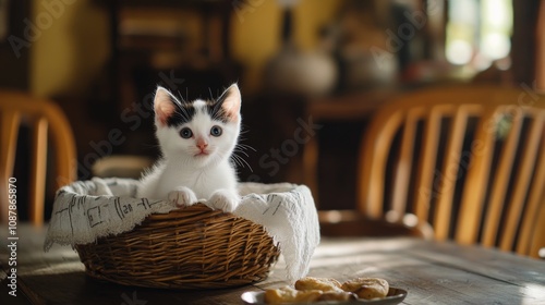 A playful kitten sits in a woven basket on a dining table amidst fresh fruit ...