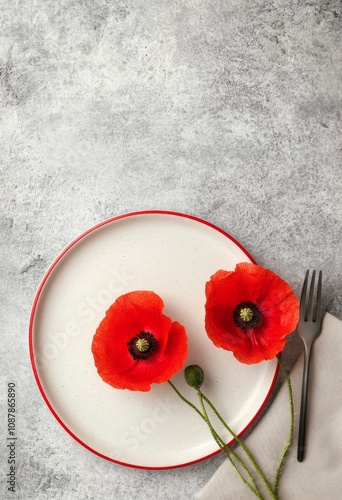 Red poppy flowers on a white plate with fork and napkin on a textured gray su...