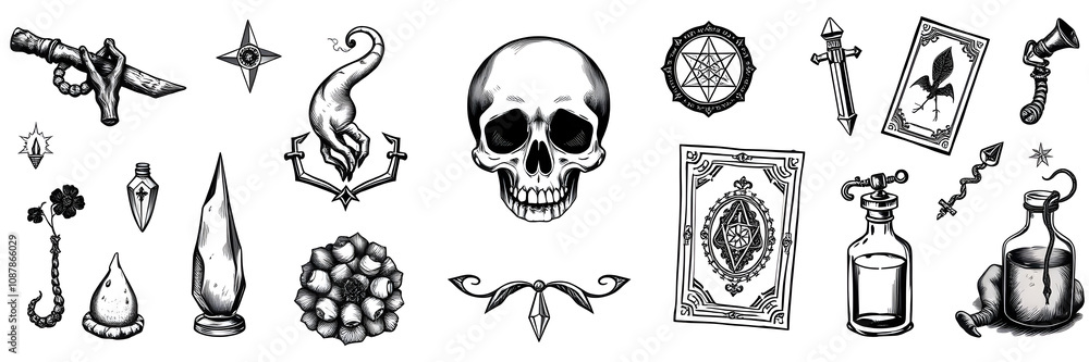 Obraz premium Esoteric witchcraft magical set, hand drawn mystery collection: skull, crystal, tarot cards, potion etc. Vector icons on white background. Generative AI