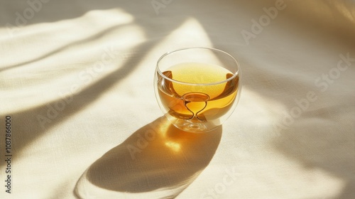 A clear glass cup of golden tea reflects sunlight on a soft tablecloth in a s...