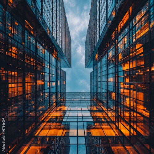 Towering skyscrapers with golden reflections at sunset in low-angle view