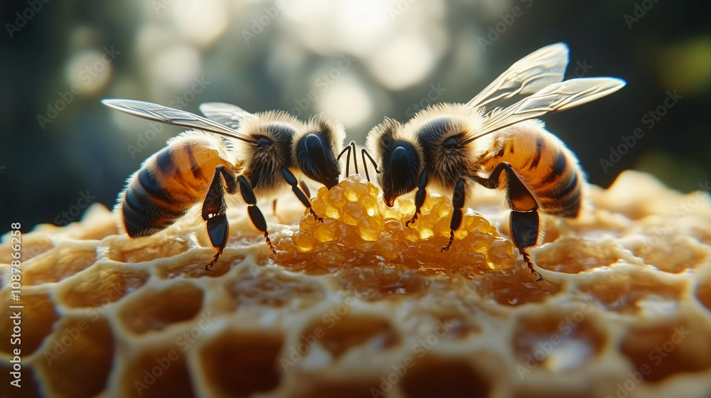Close-up of two bees collecting nectar from a honeycomb, highlighting their intricate details and the golden honey Close-up of two bees collecting nectar from a honeycomb, highlighting their intricate details and the golden honey