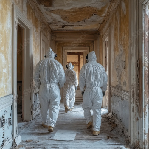 men performing asbestos abatement in white bunny suits in an old house with heppa masks on