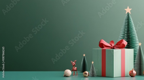 Festive green decorations with presents and trees for a winter holiday celebr...
