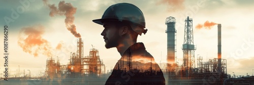 Silhouette of a worker with a helmet against an industrial landscape at sunset