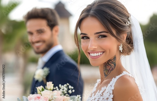 Happy couple enjoying their intimate wedding ceremony in a beautiful outdoor ...