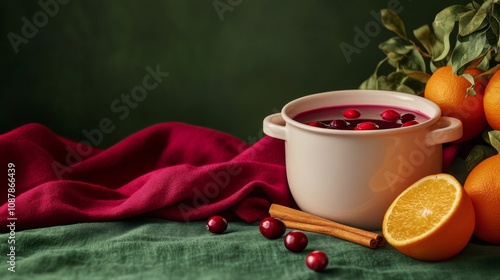 Warm holiday drink with oranges and cranberries in a pot on a colorful tablec...