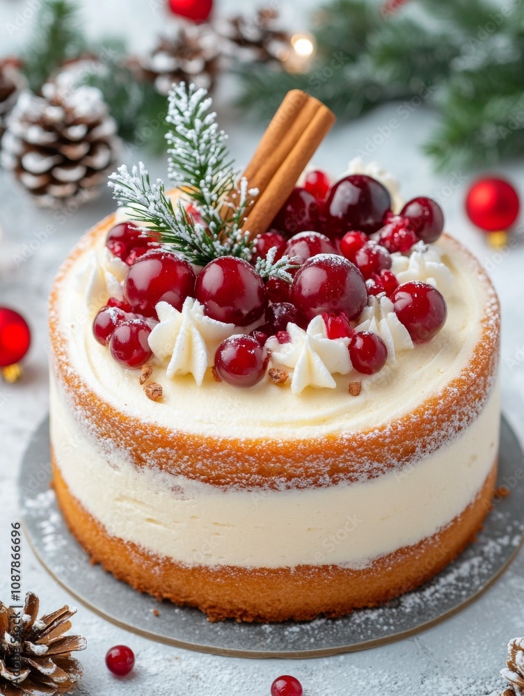 Delicious festive cheesecake topped with cranberries and cinnamon sticks during winter celebrations Delicious festive cheesecake topped with cranberries and cinnamon sticks during winter celebrations