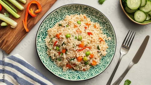 Delicious fried rice served on colorful plates with fresh vegetables and vibr...