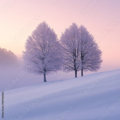 A tranquil winter morning with frosted trees under a soft pastel sky at dawn