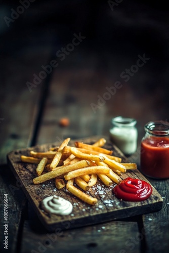 Crispy golden French fries served on wooden board with ketchup and mayonnaise...