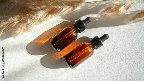 Natural essential oil bottles on soft fabric with golden light and dried plan...