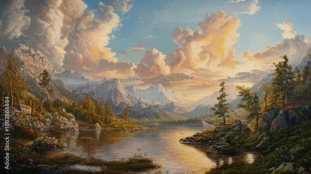 Obraz premium the cuntry, generative ai, landscape, architecture, curtoone, chasny house, background, art nouveau, city, skyline, skyscraper, building, water, lake, nature, autumn, river, sky, tree, reflection, 