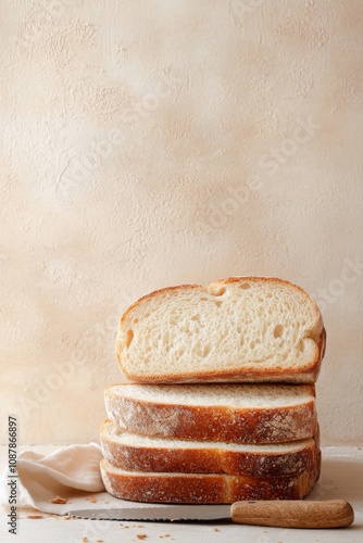 Freshly sliced white bread stacked on a countertop, ready for tasty sandwiche...